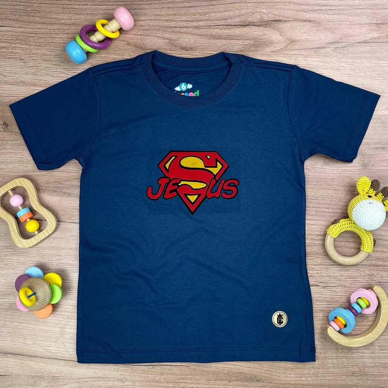 T-shirt infantil azul Jesus superman