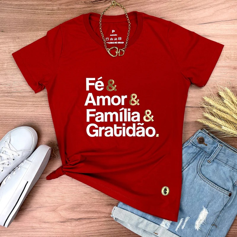 Camiseta feminina vermelha fe& amor dourado